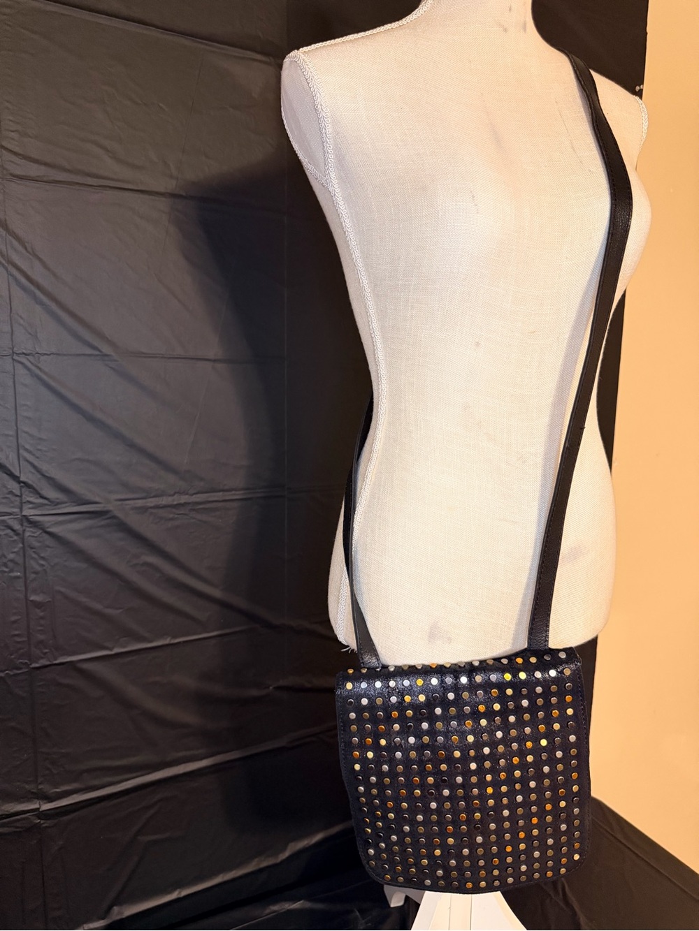 Patricia Nash Studded Black Crossbody Bag with Gold Silver Bronze stud Accents